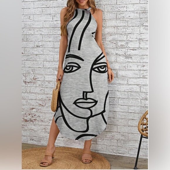 Grey Figure Graphic Curved Hem Dress - Picture 5 of 6